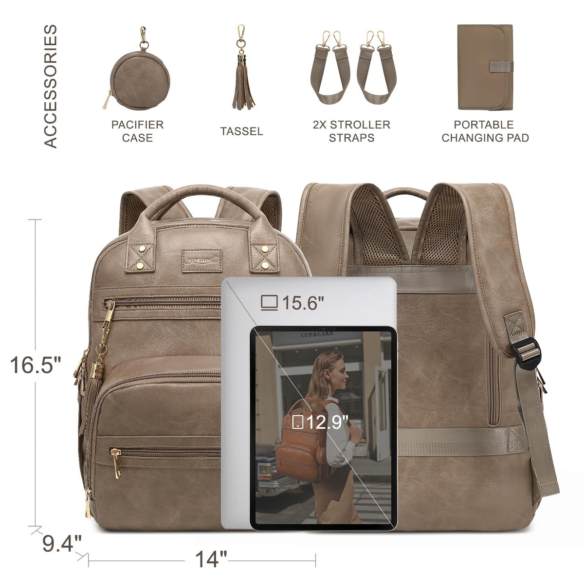 ROSEGIN Premium Vegan Leather Diaper Bag Backpack with Waterproof Changing Pad, Reinforced Zippers & Odor-Free, 20 Pockets Pro Organizer, Fits 15.6" Laptop, Stroller Straps, Baby Bag for Mom, Taupe