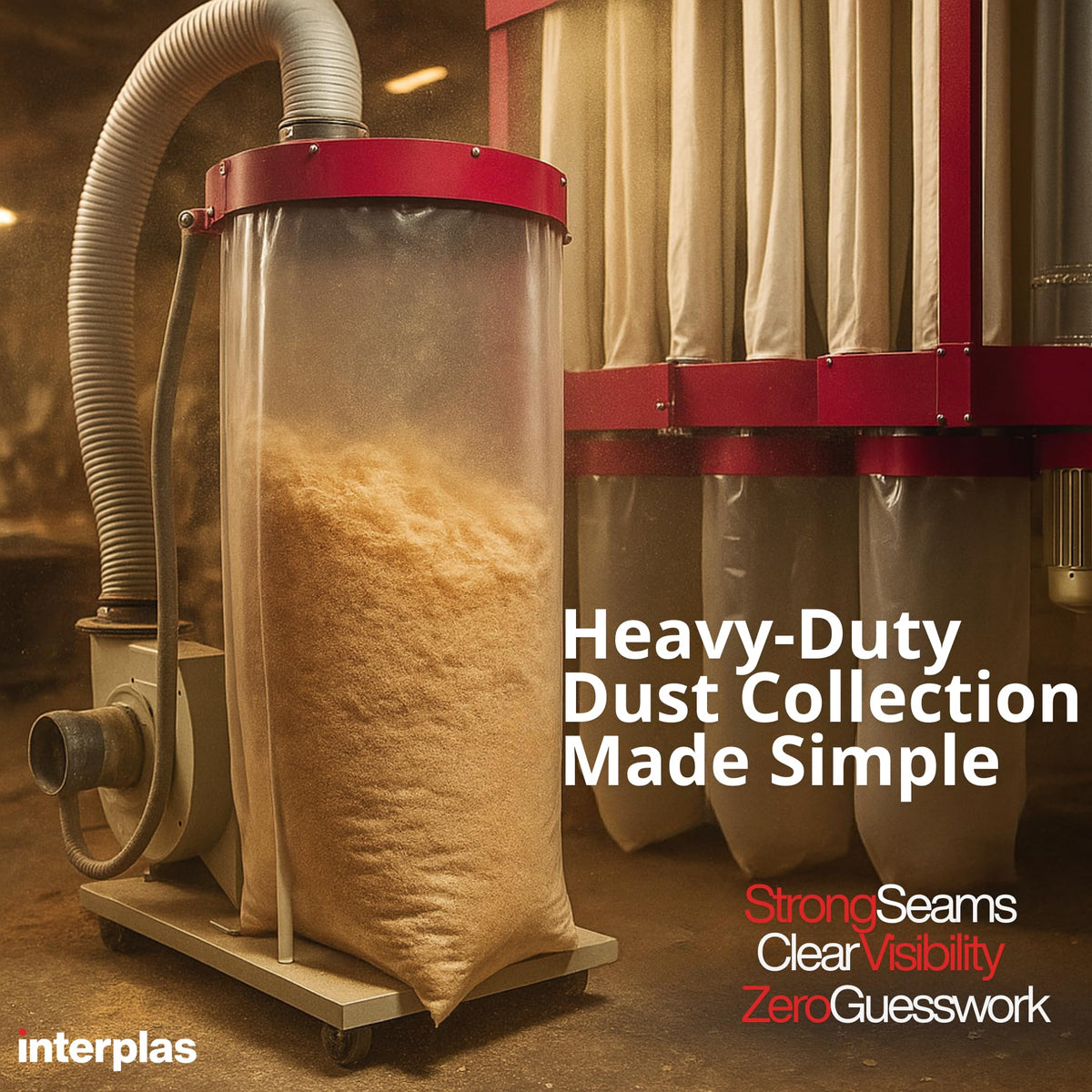 Interplas Dust Collector Bags – 6 Mil Heavy-Duty Clear Plastic Bags 38" x 72" (45 Count) for Dust Collection Systems – Tear-Resistant, High-capacity industrial dust removal