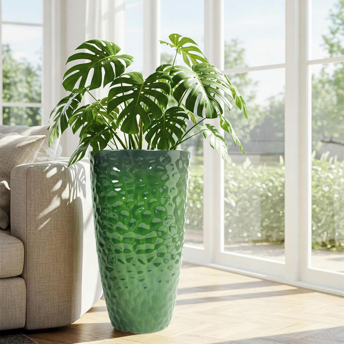Worth 2 Pack 24" Tall Large Plastic Planter with Drainage Hole, Round Decorative Flower Plant Pit for Indoor or Outdoor Gardening, Glossy Green
