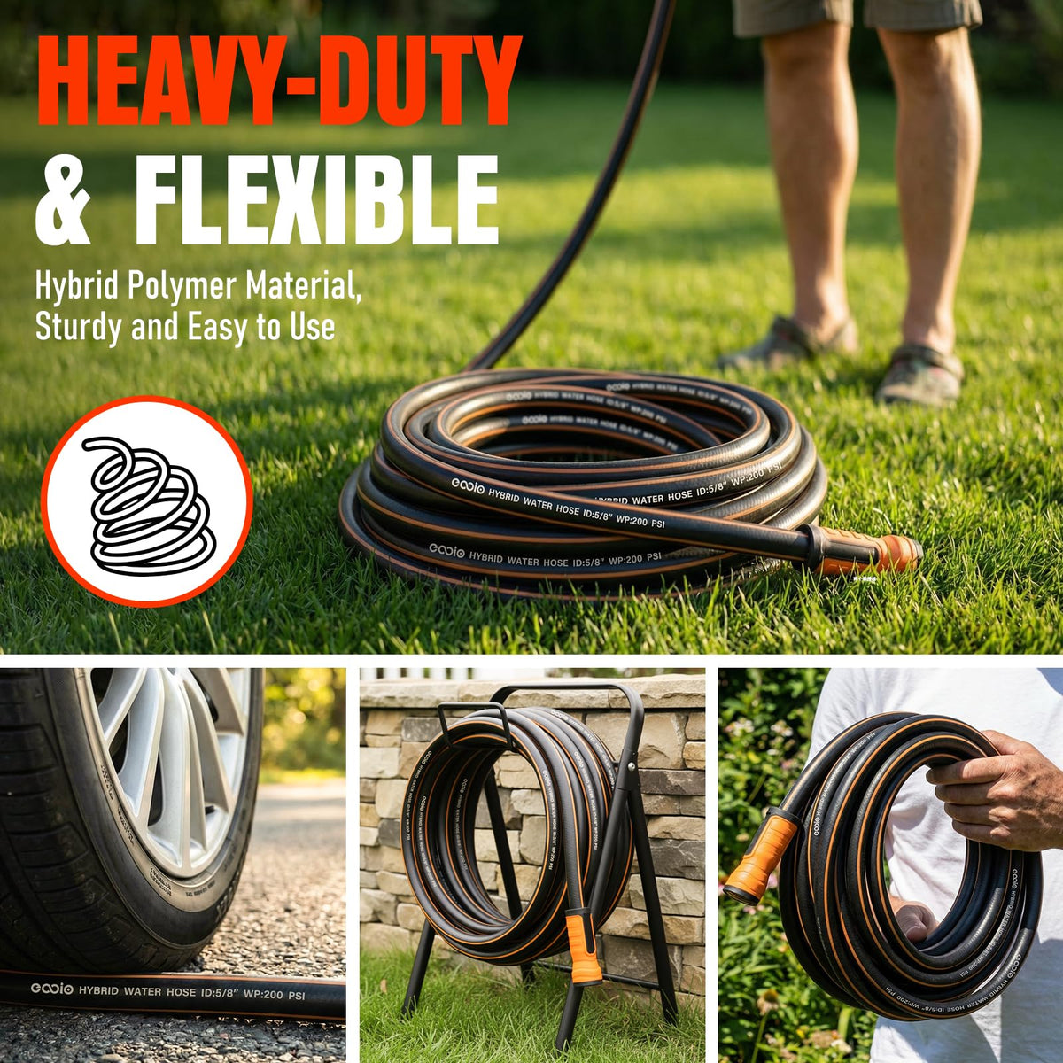 Garden Hose 50 ft x 5/8", Heavy Duty Water Hose, Flexible and Durable, Kink Resistant Lightweight Hybrid Hose, Leakproof Yard Hose with Male to Female Fittings