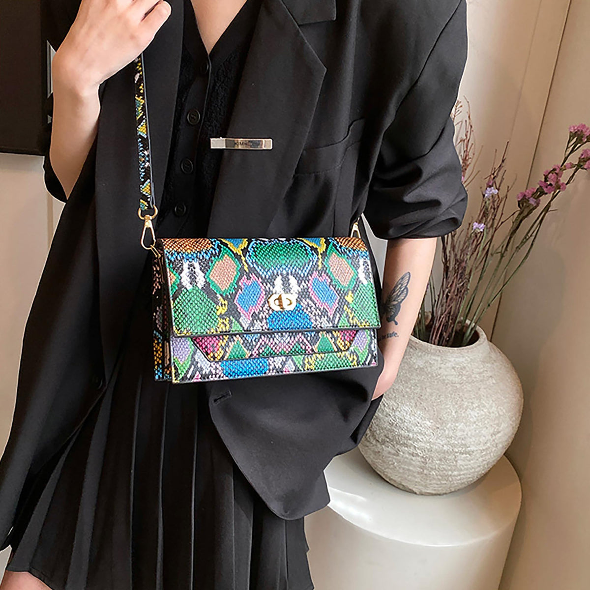 CLARA Women Fashion Snakeskin Pattern Clutch Handbag Envelope Bag Pompom Shoulder Bag Evening Party