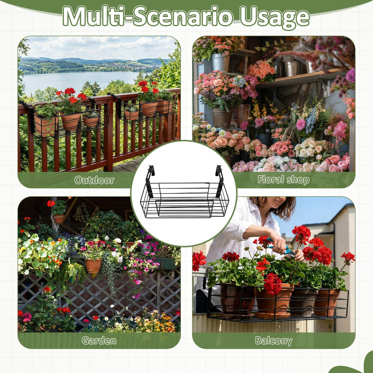 Youyole Railing Hanging Planter Holders, Adjustable Balcony Flower Pot Rack Stand, Expands 14"-27" Iron Hanger Hooks Fit Almost Any Balcony, Fence or Deck Railing up to 6" Wide(Black)