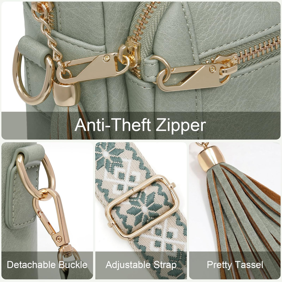 HILAEX Small Leather Crossbody Bags for Women Anti theft Purses and Handbag Shoulder Hangbag with Wide Strap Tassel Pale Green