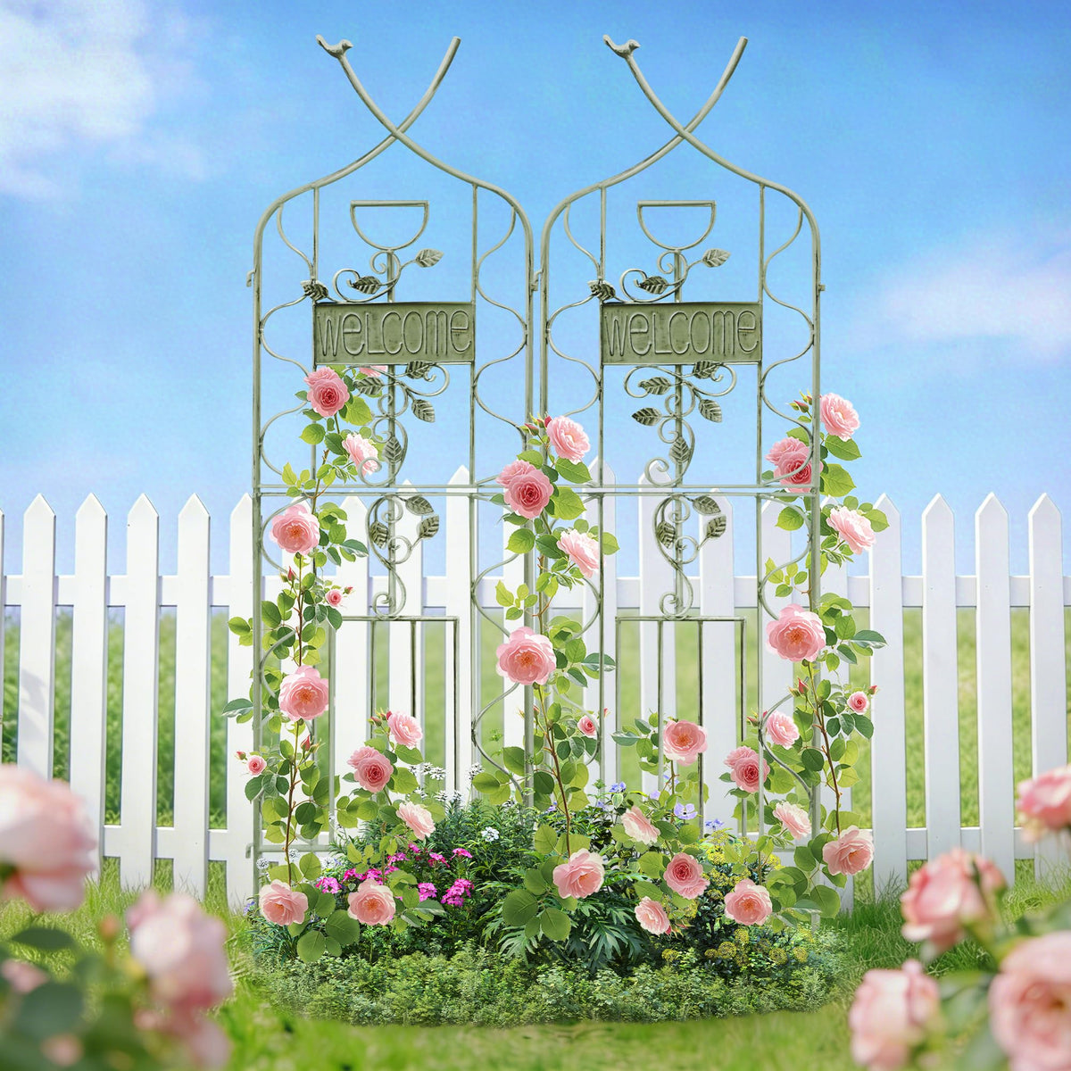 LZRS 2 Pack 59.5 * 18in Rustic Iron Arch Decoration Garden Trellis with Metal Coating – Perfect for Supporting Climbing Plants Outdoor, Roses, Vines, Flowers, and Vegetables, Antique Green