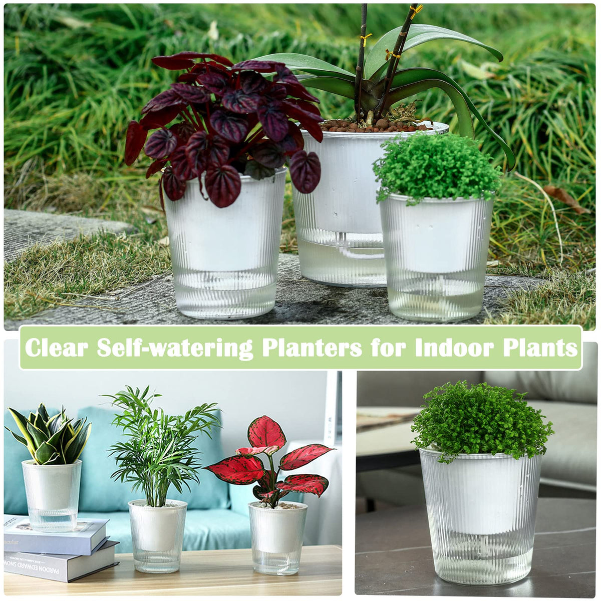 4-Pack 6.5 Inches Clear Self-Watering Planters and Pots for Indoor Plants Large Orchid Plant Pots Plastic Wick Flower Pots, African Violet Pot Set, Home Decor Pot