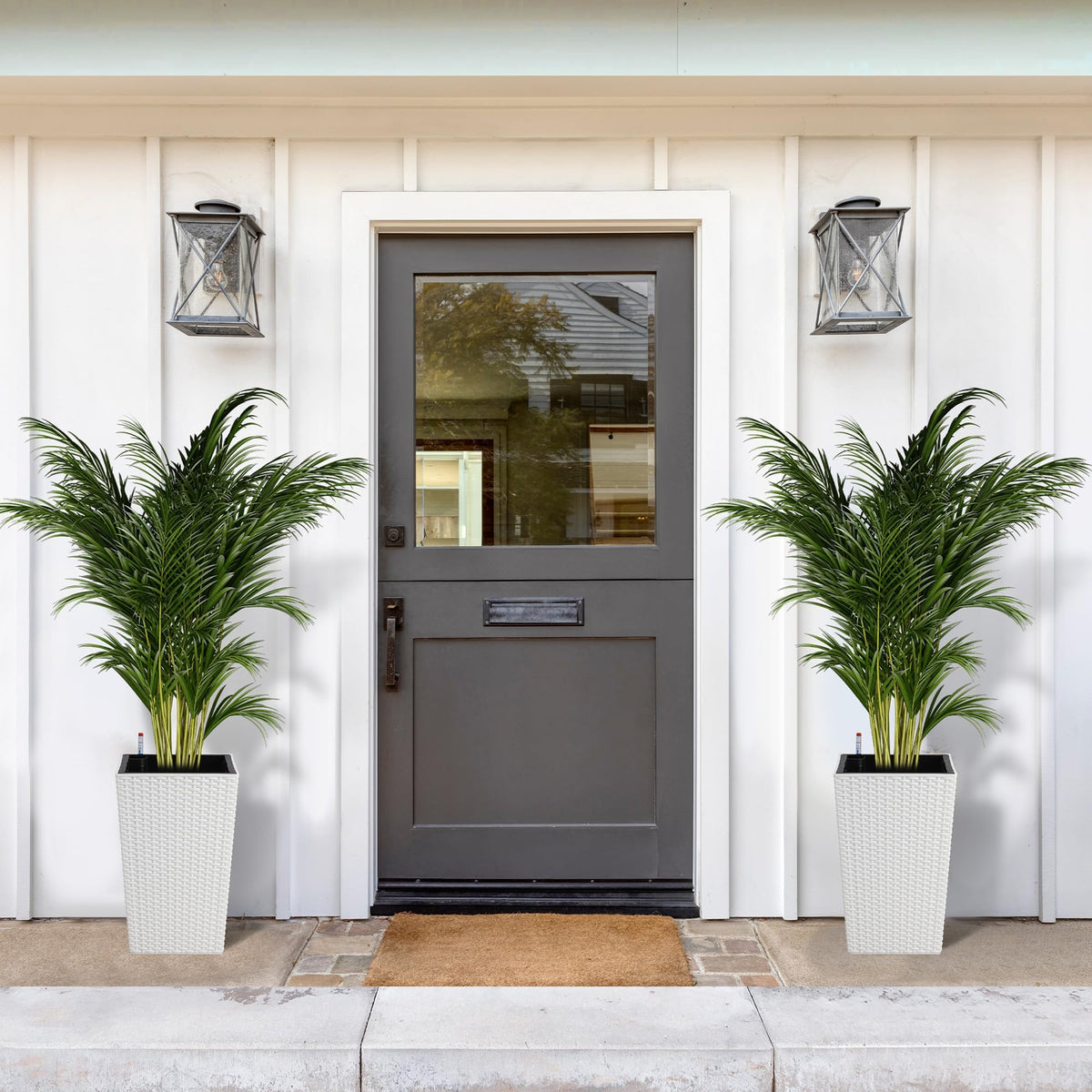 16" White Tall Planters Outdoor Set of 2, Large White Flower Pots Outdoor with Drainage Holes & Automatic Watering System, Modern Large Resin Planters for Outdoor Plants, Front Porch, Deck, Rattan