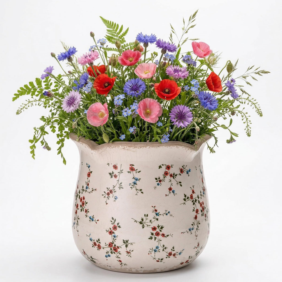 behen bahen Vintage Ceramic Planter Pot with Drainage Holes, Green Floral Design, 6.11 Inch, Distressed Tuscan Style, Indoor Plant Pot and Vase (Small Red Blooms)
