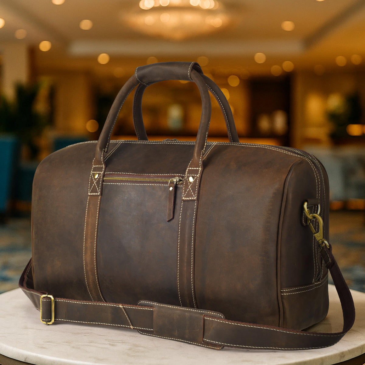 Rasavi Leather Duffel Bag for Men & Women – 20 Inch Travel Weekender, Carry-On, Overnight Travel, Sports & Gym Luggage Bag- Brown
