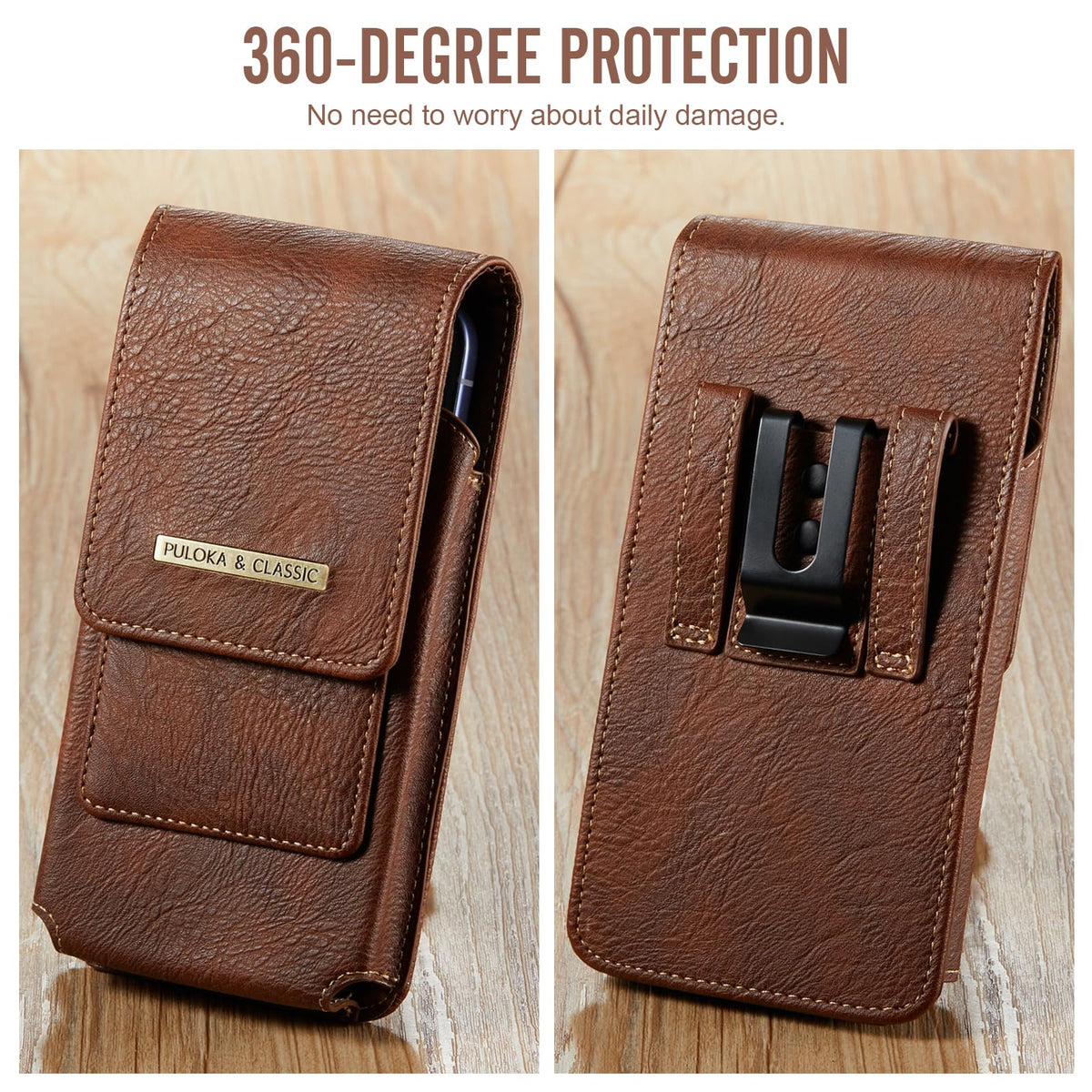 Phone Holster with Belt Clip for iPhone 17/16/15/14/13/12 Pro Max & Plus, Galaxy S26/S25/S24/S23 Ultra & Plus, Premium Leather Pouch with Card Holder, Magnetic Closure, Rugged Outdoor Case - L Brown