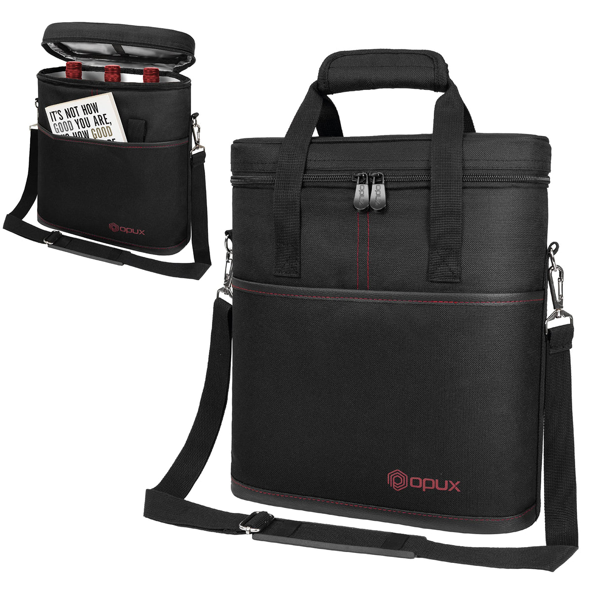 opux 3 Bottle Wine Carrier Tote, Insulated Leakproof Wine Cooler Bag, Wine Travel Bag Tote for Picnic BYOB Beach, Portable Wine Bottle Carrying Case, Gift for Wine Lover Women Men Christmas, Black