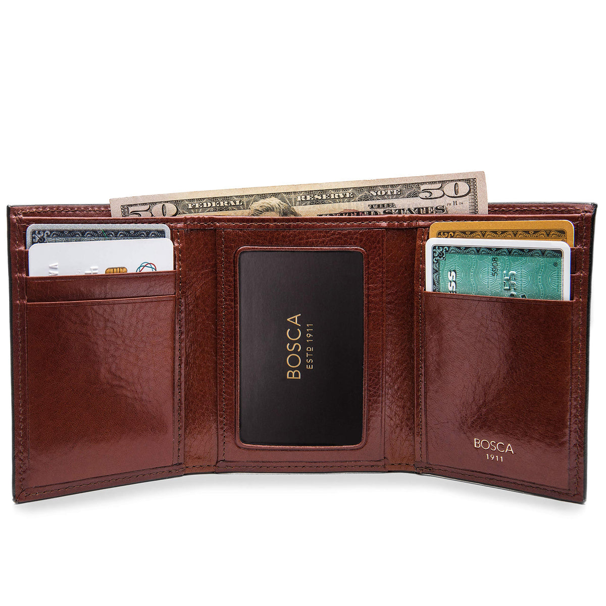 Bosca | Men’s Double I.D. Trifold Wallet w/RFID Blocking in Italian Old Leather
