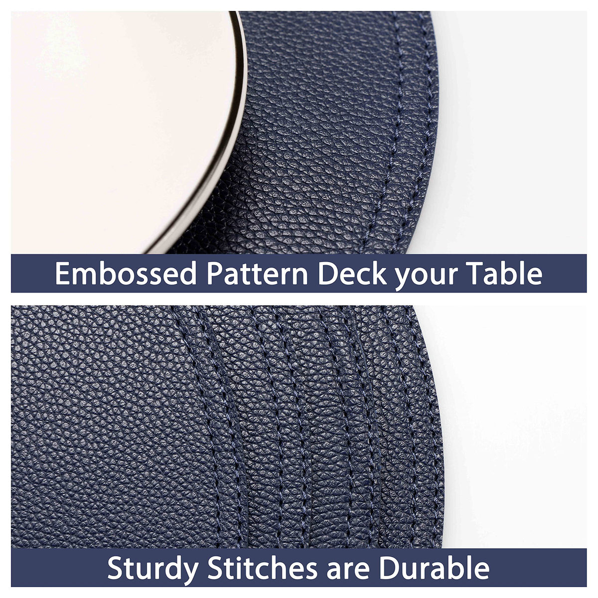 Jovono Navy Faux Leather Round Placemats and Coasters, Coffee Mats Kitchen Table Mats, Waterproof, Easy to Clean for Round Table, Dining Table