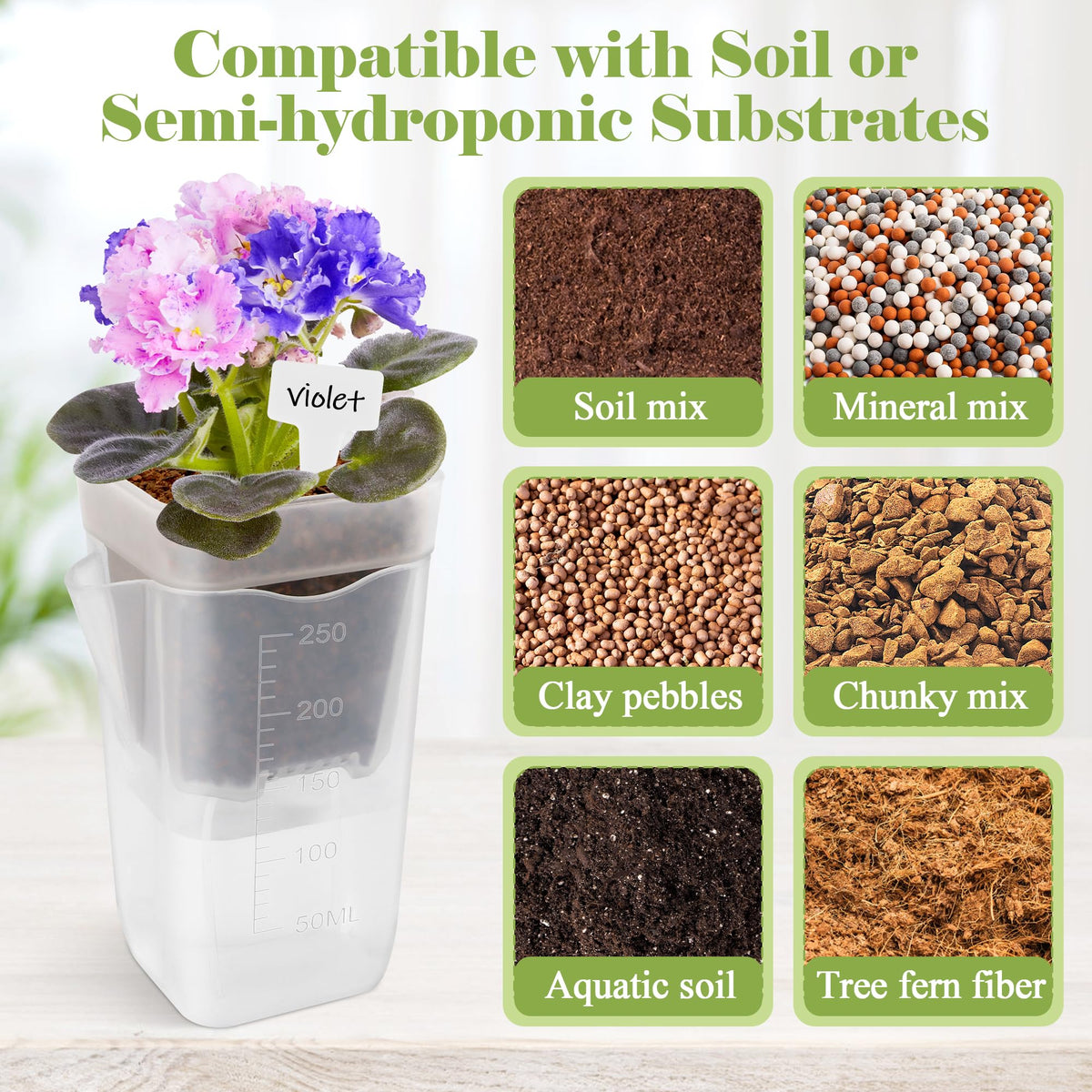 Anglekai 5P 2.5" Mini Self Watering Pots, Small Self Watering Plastic Planter for Indoor Plants for Bare Root Plants, with Inner Pot/ 3 Shovels/ 10 Labels (5)