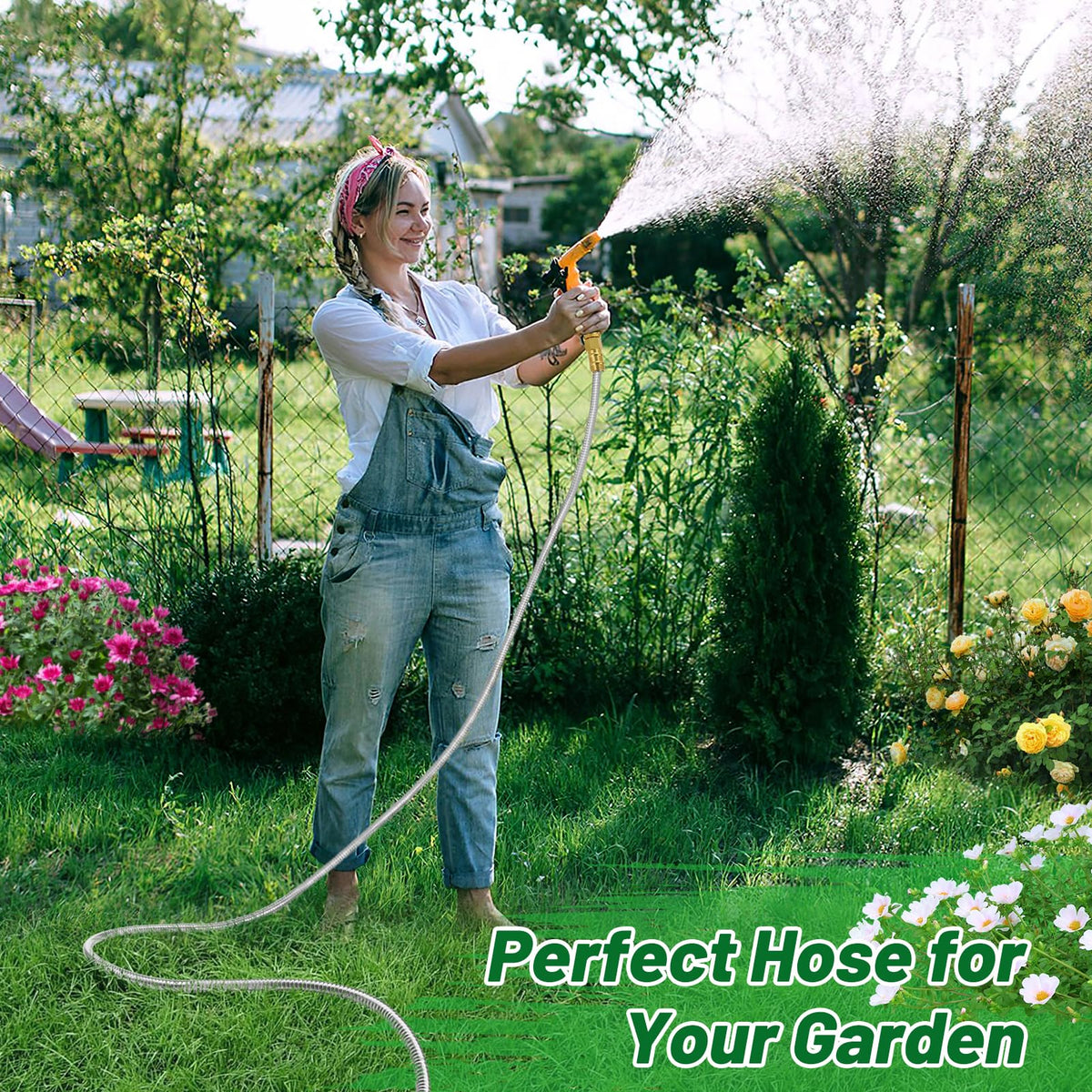 Short Garden Hose with Male to Female Connector - 10ft Metal Leakproof Leader Hose for Hose Reel, Heavy Duty 304 Stainless Steel Flexible Hose for Outdoor Garden Watering Car Pet Cleaning