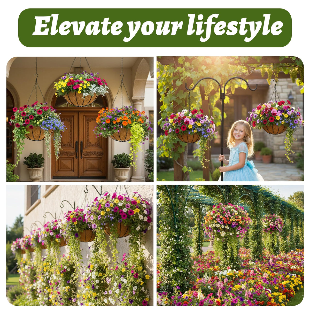 GYATSOCYG 4 Pack 12 Inch Brown Outdoor Metal Hanging Planter Basket Hanging Planters Flower Pot Round Modern Flower Holder Pot Garden Accessory(Watermelon Style)