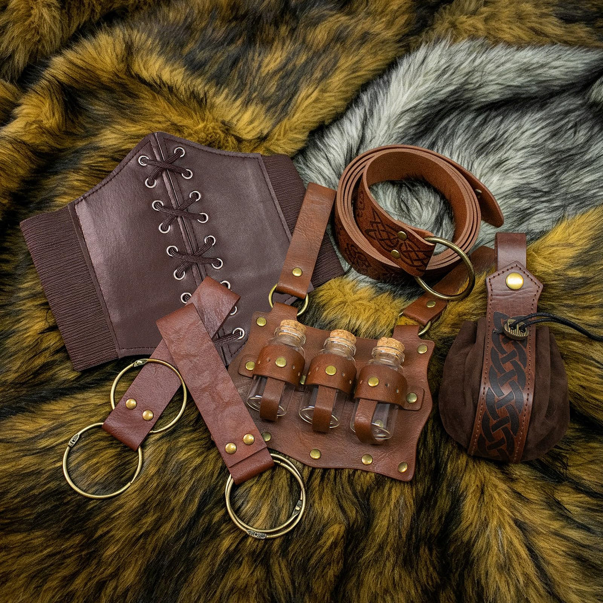 Renaissance Belt Pouch Corset Waistband Magic Potion Bottle Skirt Hike Steampunk Costume Accessory(Brown-B, X-Large)