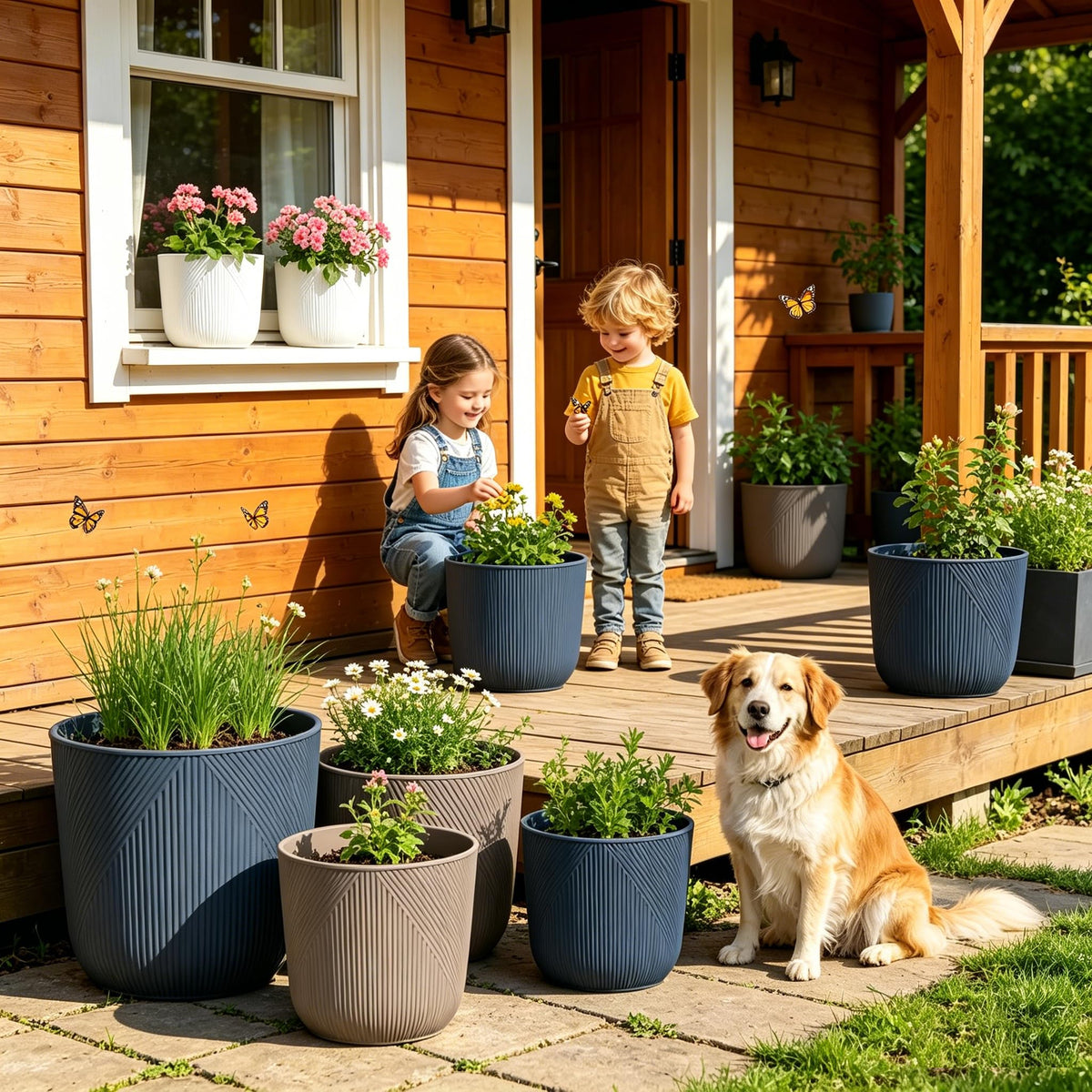 Dexceder 10x9 Striped Table Flower Plant Pot with Drainage Hole & Removable Plug (2 Pack, Deep Blue)