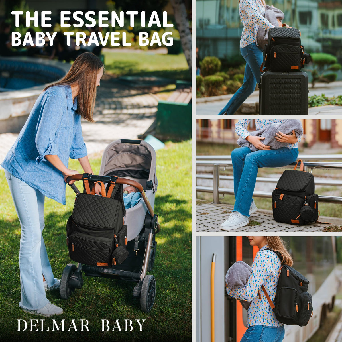 DELMAR BABY Large Diaper Bag Backpack for Mom & Dad | Unisex Baby Travel Bag | 15 Pockets | Changing Pad | Stroller Straps | Stylish & Washable | Newborn Essentials | Black