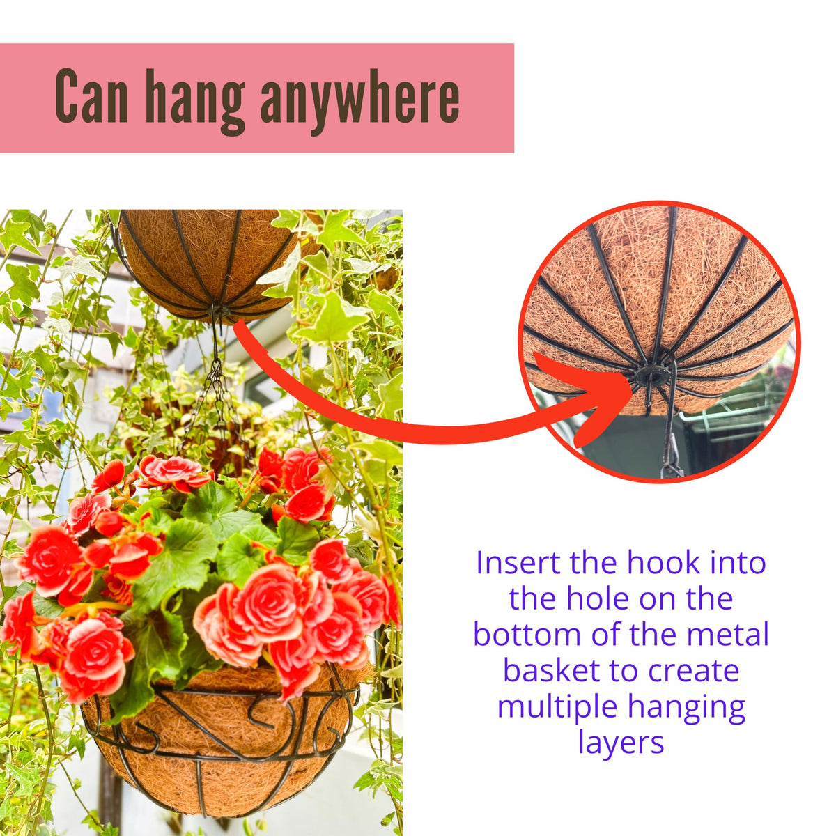 LaLaGreen Hanging Planter for Outdoor Plants (10 Inch, 2 Pack) Hanging Baskets with Coco Liner, Black Metal Wire Flower Basket Pots with Hook Hanger Balcony Porch Farmhouse Country Style Garden Decor