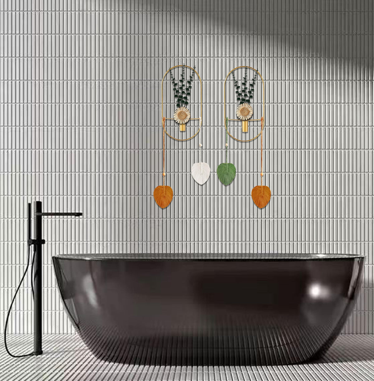 Black Plant Decor, Wall Mounted Metal Vase, Wall Mounted Metal Art for Living Room, Bedroom, Bathroom, Dining Room, Faux Plant Wall Decor (Large 2 Piece Set Gold)