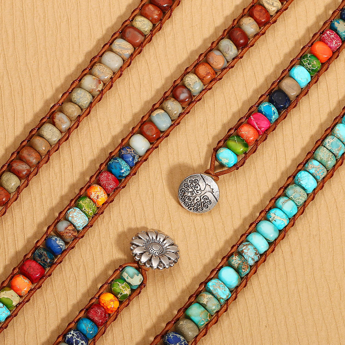 Sedmart Bracelets Made of Natural Stones with Hippie Stones Leather Wrap Healing Bead Bracelet Women Men
