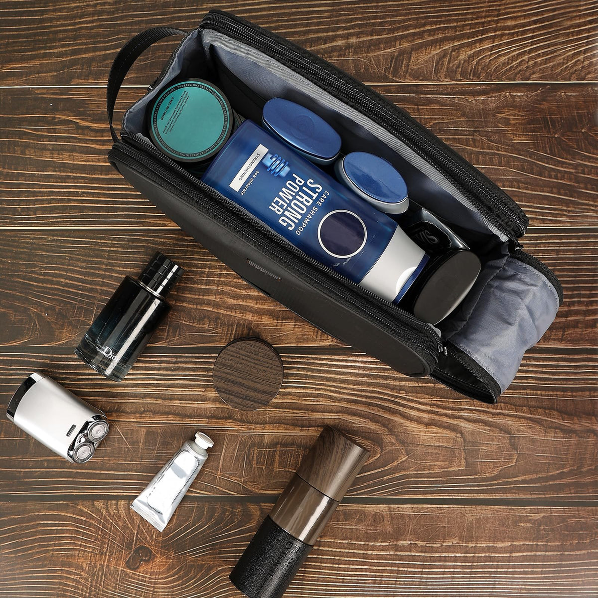 ZEEMO Travel Toiletry Bag for Men, Medium Water-Resistant Double-Sided Full-Open Dopp Kit, Versatile Organizer for Shower and Hygiene Accessories, Bathroom Essentials, Cosmetics, Large, Black