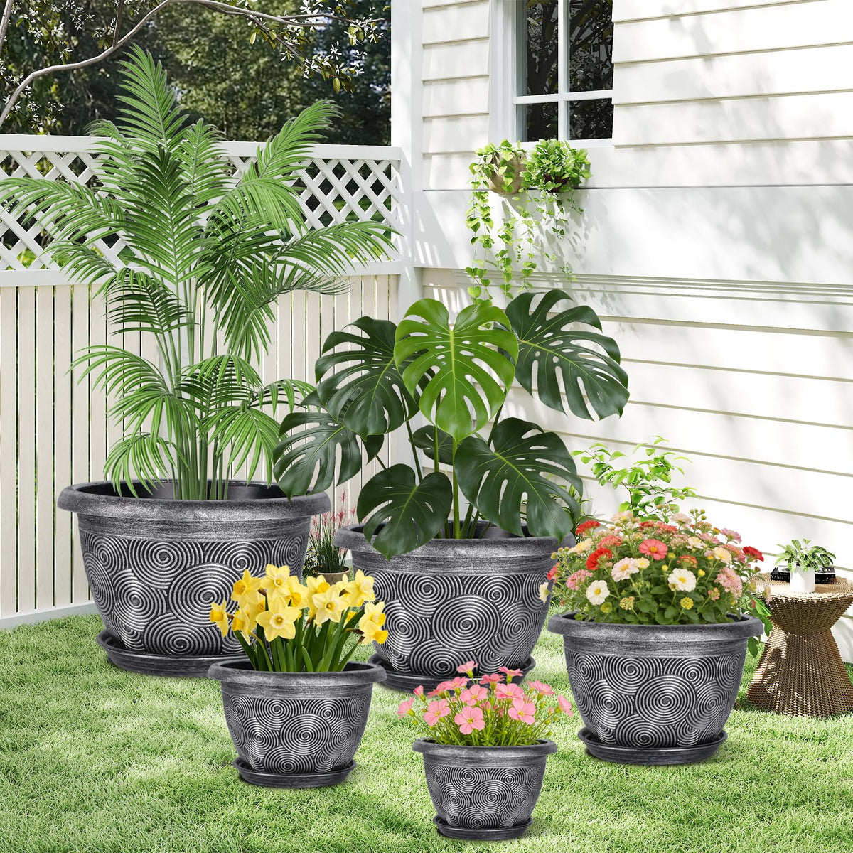 10-Inch -Plastic-Pots -For-Plant With Saucer, 4 Pack Outdoor Planters With Drainage Holes, Decorative Flower Pots For Indoor Plants, Modern 3D Swirl Silver Plant Pots With With Removable Tray