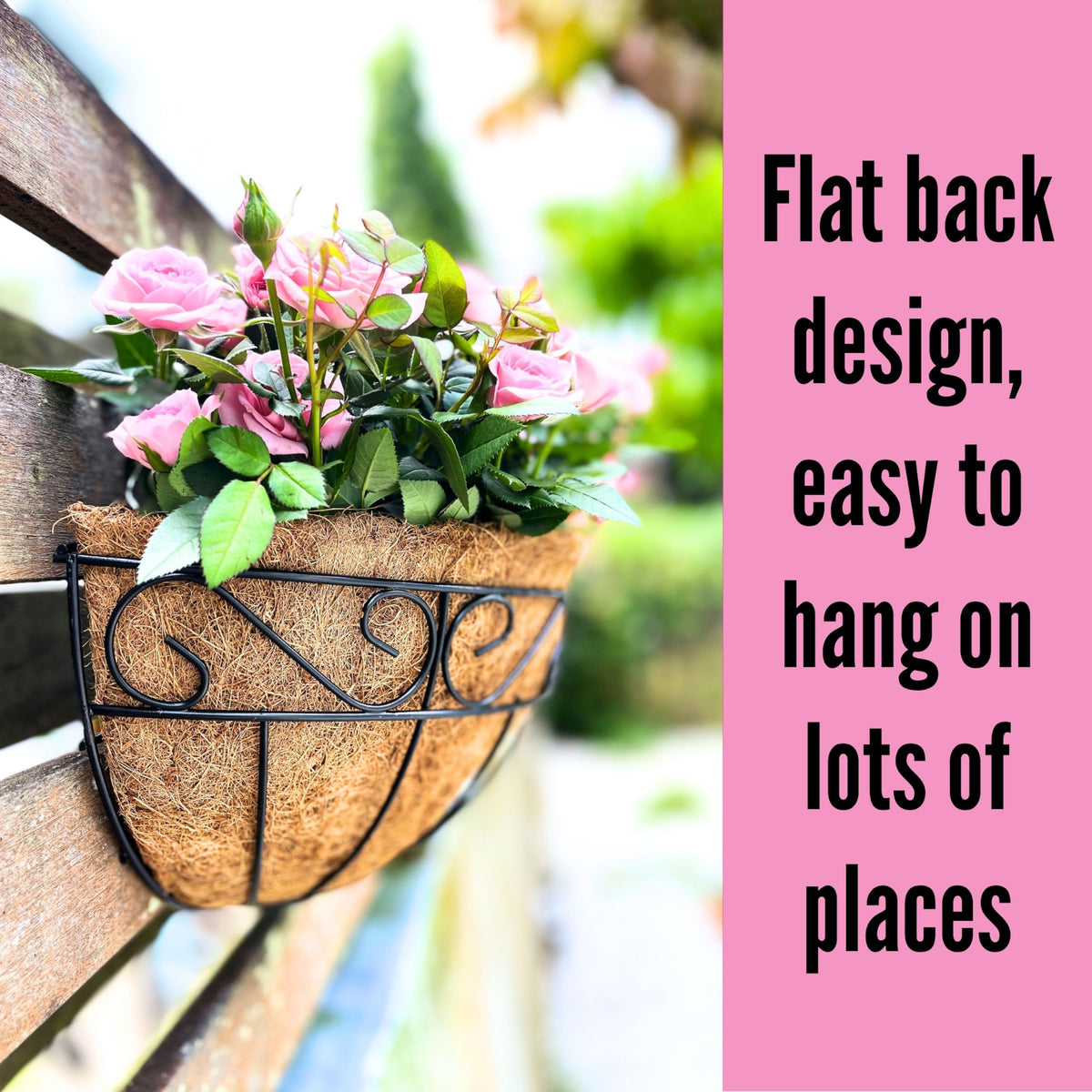 LaLaGreen 16 Inch Wall Hanging Planters - 2 Pack, Large Wall Mounted Flower Basket with Coco Liner, Black Metal Horse Trough Window Herb Pot Holder Outdoor Plants Fence Rail Railing Deck Porch Balcony
