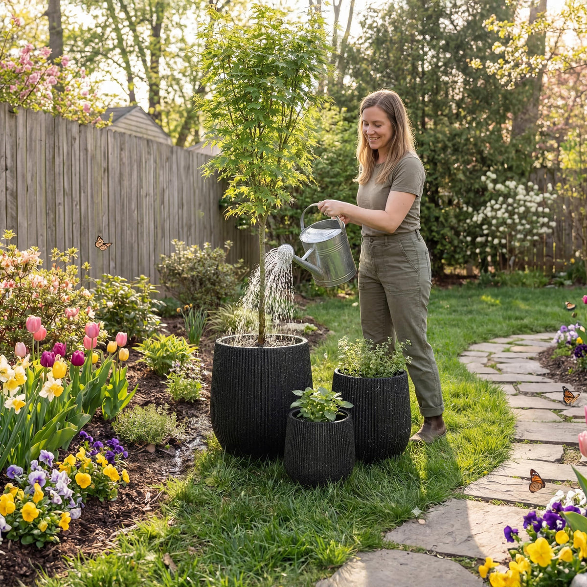 DTY Premium Mt Wilson Tall Tapered Fiberstone Planter for Indoor Outdoor Use, Modern Large Olive Tree Pot with Drainage Hole, 2 Coco Mats. Ribbed Black, Medium 15'' D x 16.7โ H. 11.2โ Pot Opening