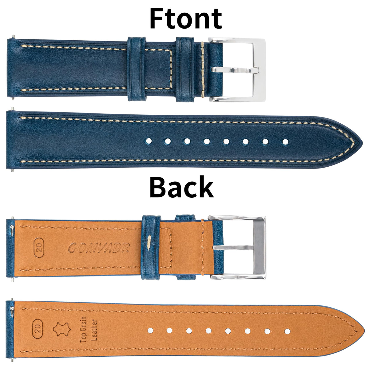 Gomvadr Vintage Genuine Top Grain Leather Watch Strap Quick Release, 18/19/20/21/22/24mm, Silver/Black Buckle, Universal Fit Unisex for Daily Wear (Blue with Silver Buckle, 19mm)