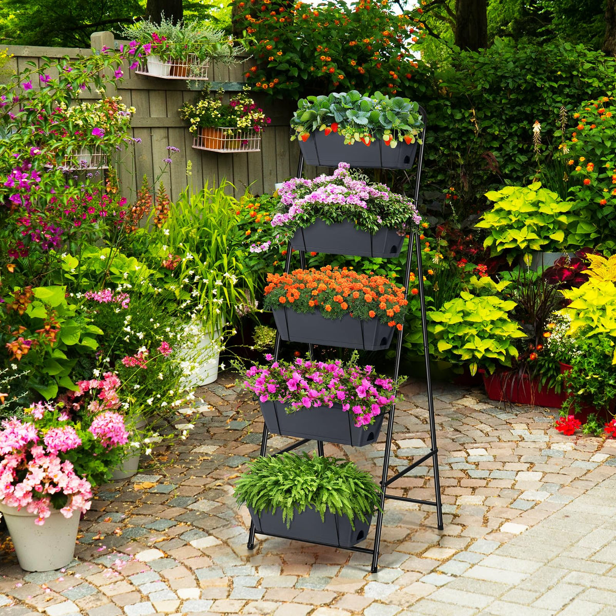 Raised Garden Bed 5 Tier Vertical Planter Standing Herb Garden Elevated Box With Drainage Holes Tall Planters for Outdoor Plants Vegetables Flowers Grey
