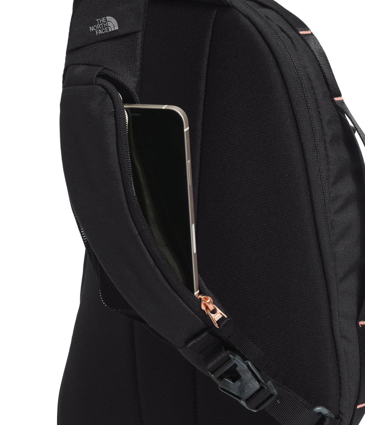 The North Face Women's Isabella Sling - Slim Carry Crossbody Bag with Large Main Compartment, Water-Repellent Finish, TNF Black Light Heather/Burnt Coral Metallic-NPF, One Size