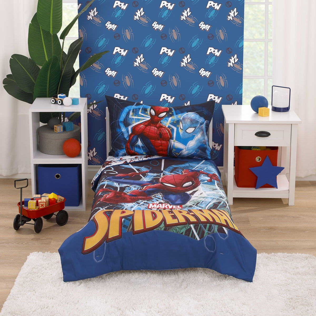 NoJo Marvel Spider-Man to The Rescue Red, White, and Blue 2 Piece Toddler Sheet Set - Fitted Crib Sheet, and Reversible Pillowcase