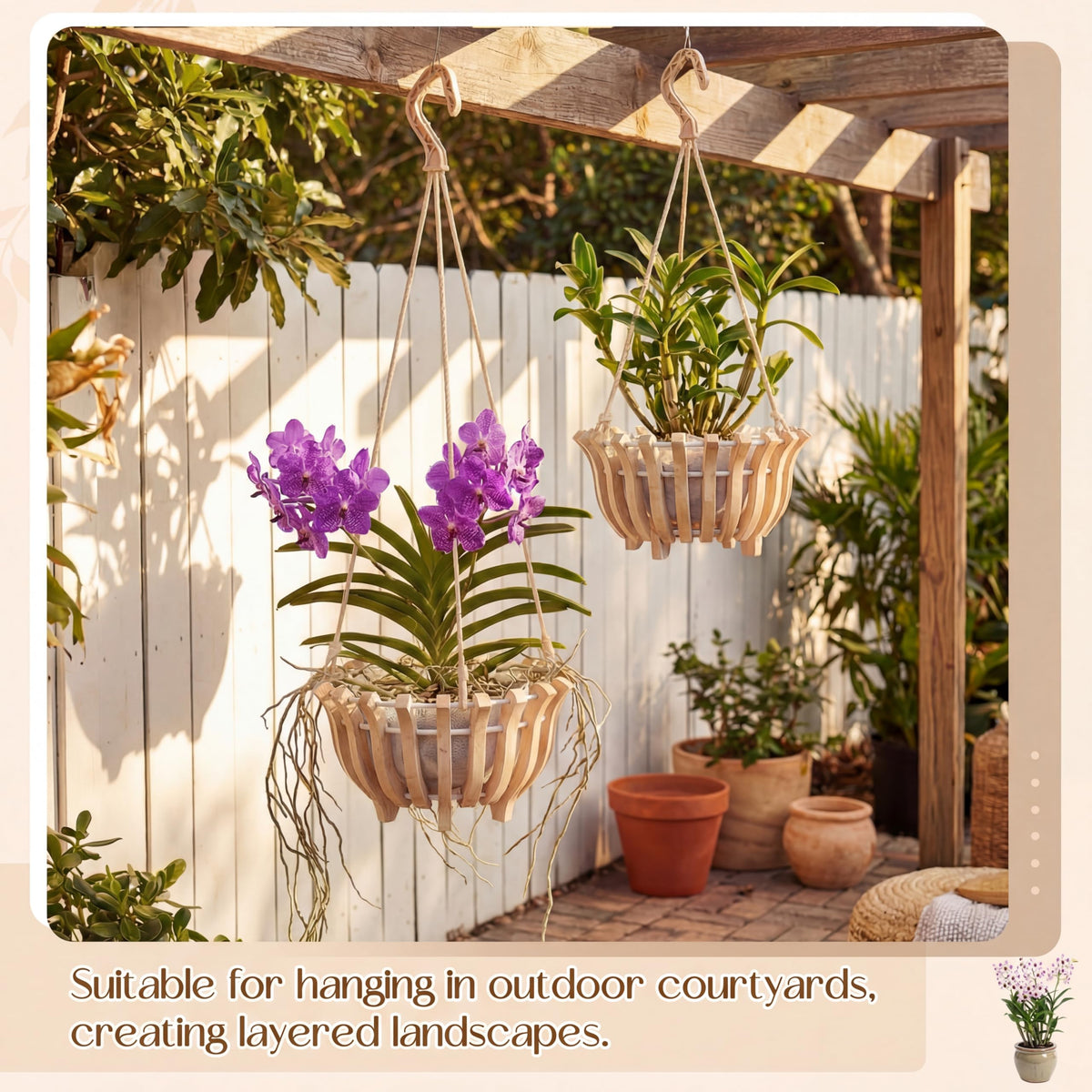 Ferrochef 2 Sets Rustic Orchid Pots with Holes, Orchid Hanging Planter with Hangers, Wooden Lotus Flower Shape 10 & 8 Inch Specialist Hanging Baskets for Outdoor Patio Garden