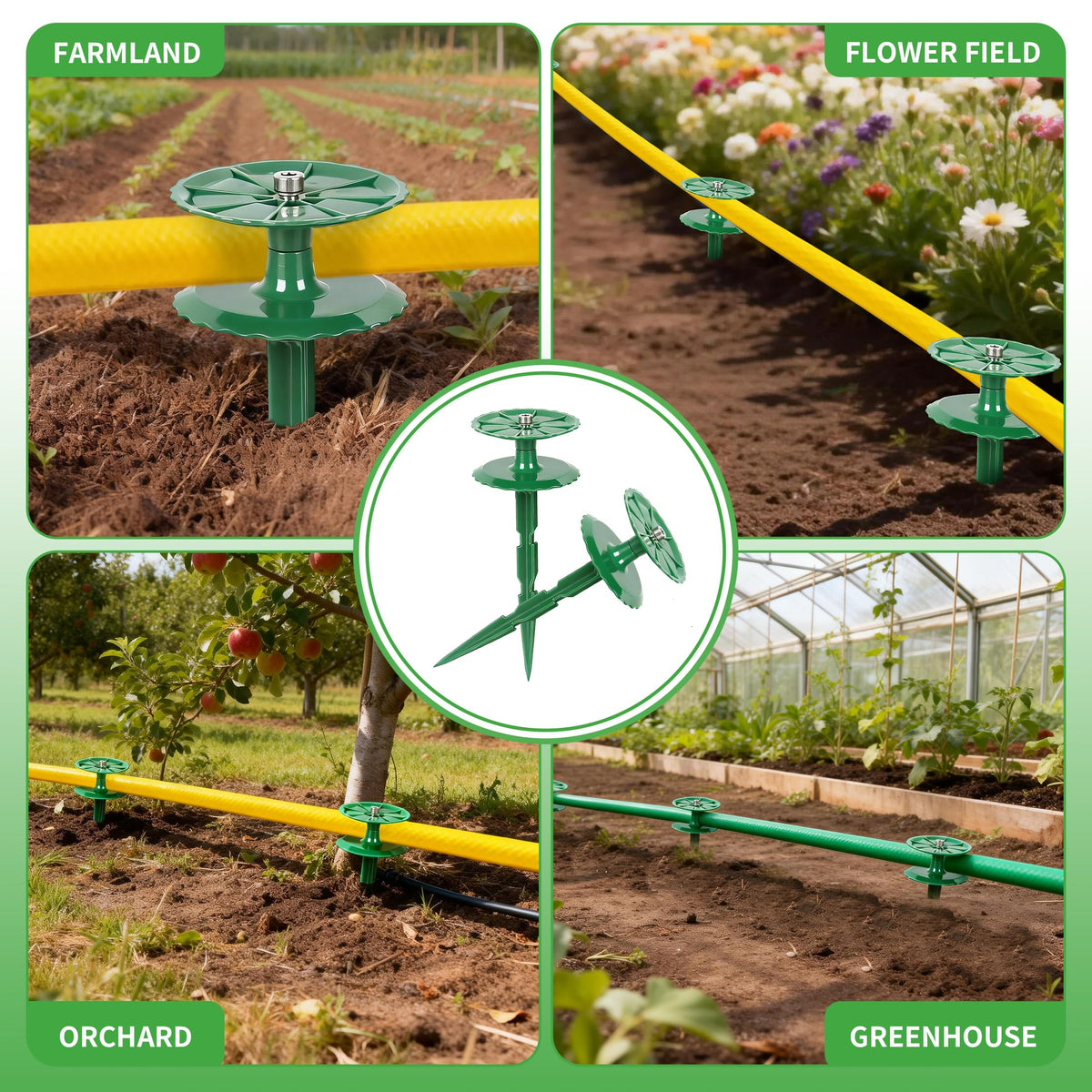 4 Pack 10 Inch Garden Hose Guide Stakes, Upgraded Reinforced Disc, Rotatable Double-Disk Sun Protection Heavy-Duty Plastic Stake, Hose Guard for Yard, Lawn & Flower Bed Landscaping(Green 4Pcs)