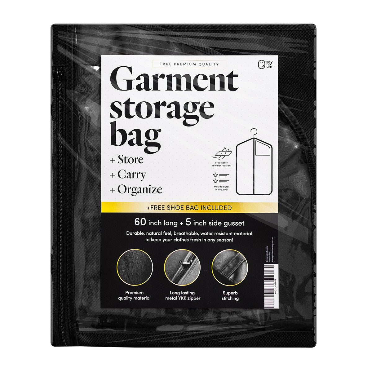 Luxury Storage Garment Bag for Long Coat, Fur, Mink, Gown, Vestment and Choir Robe | 60 Inch + 5 Inch Gusset Cover | Heavy Duty, Hanging, Breathable, Foldable Travel and Wardrobe Clothes Protector