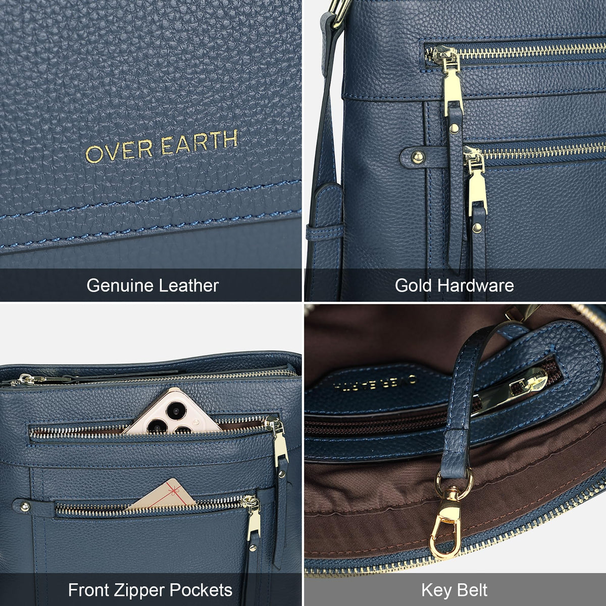 Over Earth Crossbody Bags for Women Leather Purses for Ladies with Multiple Pockets(O199E Indigo Blue)