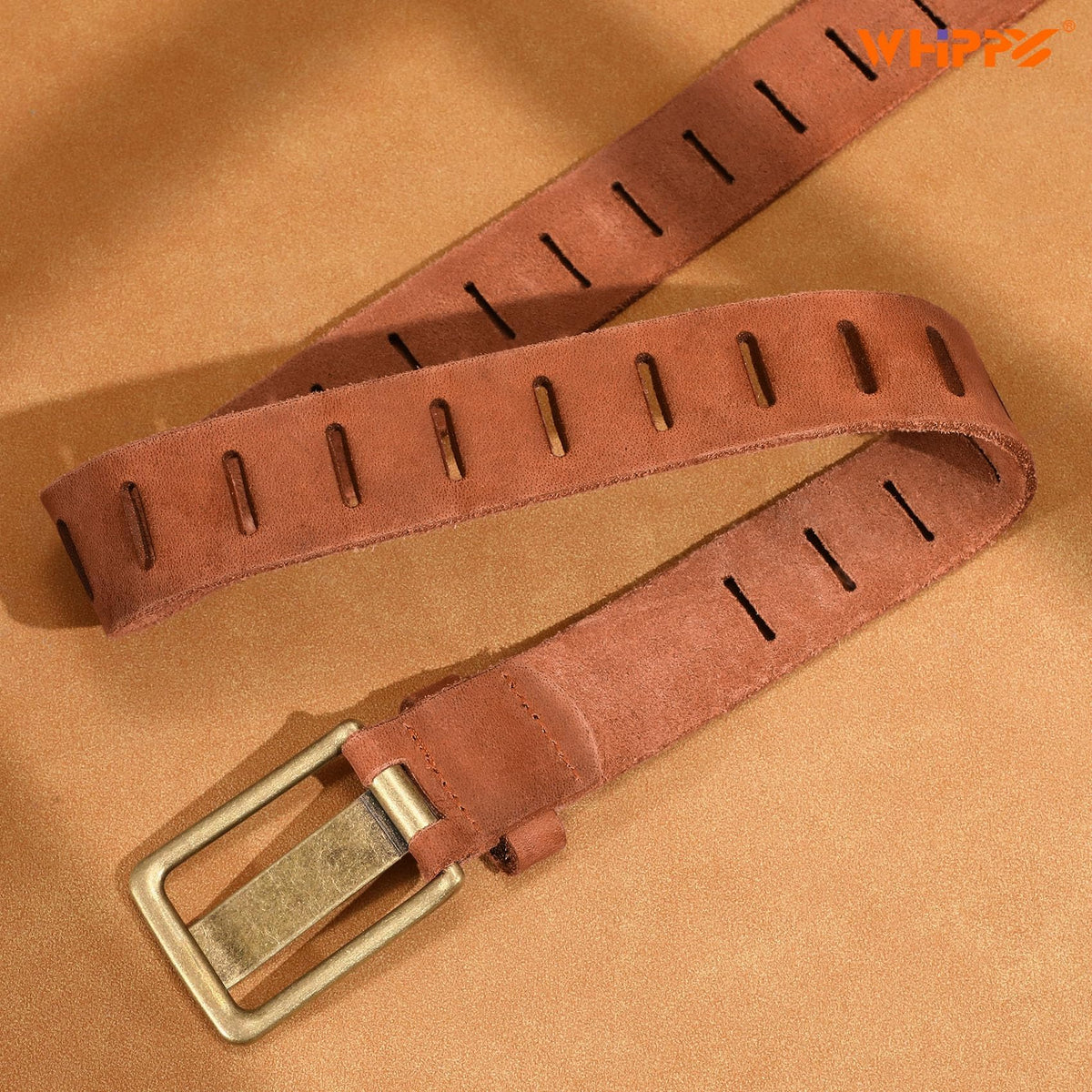 WHIPPY Genuine Leather Belt for Women Western Belt for Jeans with Vintage Gold Buckle & Full-Hole Strap, 1.5" Wide, Brown, S