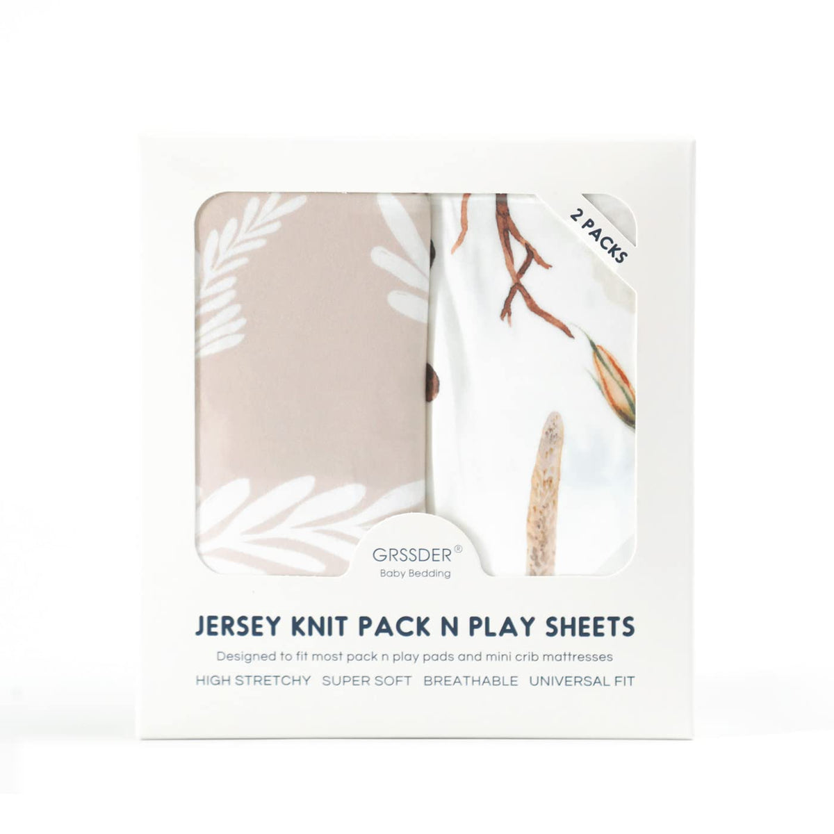 GRSSDER Stretchy Ultra Soft Jersey Knit Fitted Pack n Play Sheets Set 2 Pack, Neutral Portable/Mini Cribs Sheets, Fit Playards Mattress Pads Safe and Snug, Stylish Pretty Flora for Baby, Beige