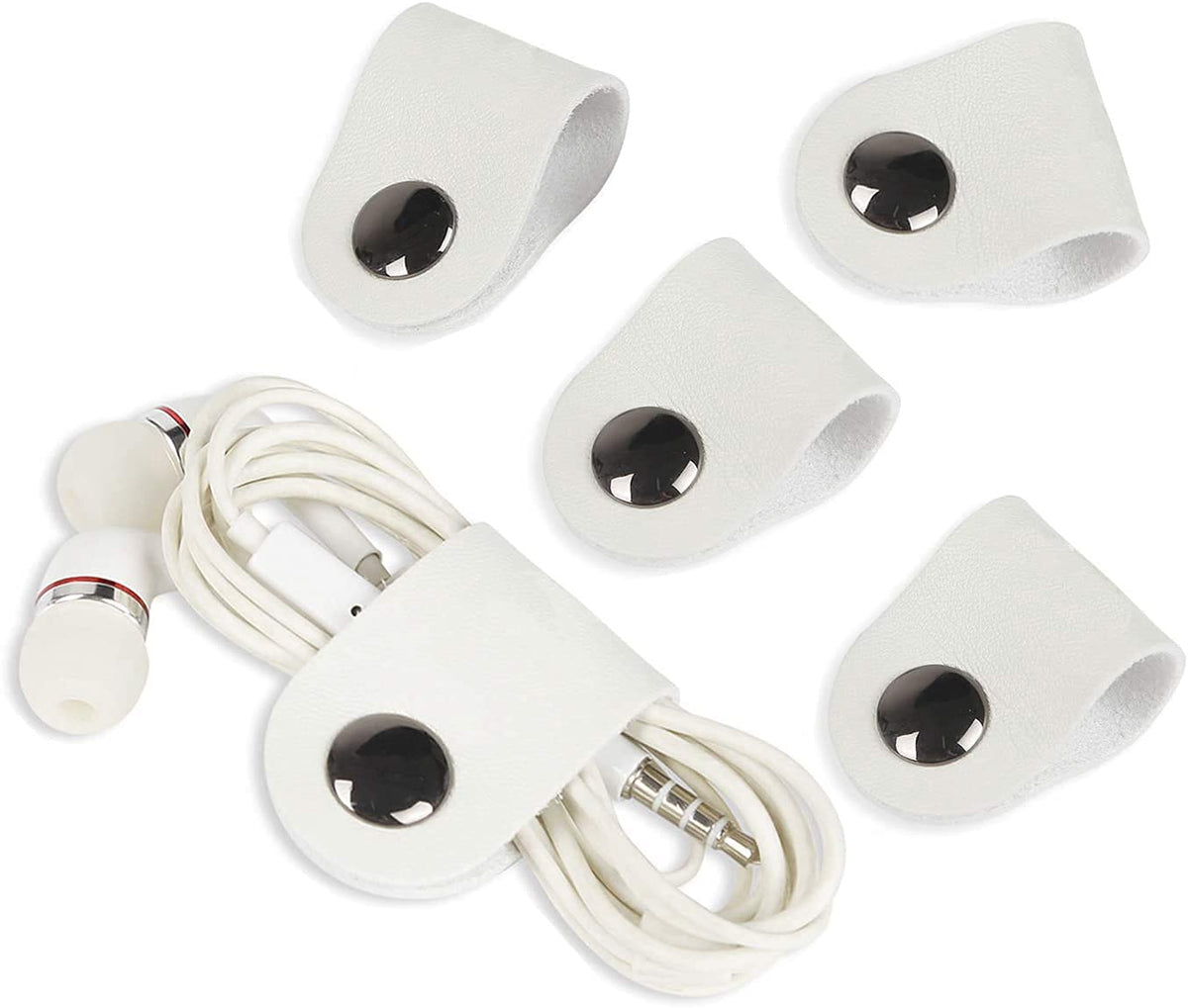 Seabaras Genuine Leather Cord Organizer,Cord Keeper,Cable Organizer USB Holder,Cable Management,Cable Straps,Earbud case,wrap Headphone,Headset Winder,Phone Earphone Cable Ties (Set of 5) (White)