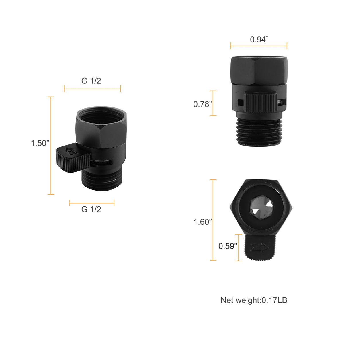 Matte Black Water Flow Control Valve, 1/2" Shower Head Flow Control Brass Shut Off Valve for Handheld, Water Pressure Regulator Replacement for Shower System