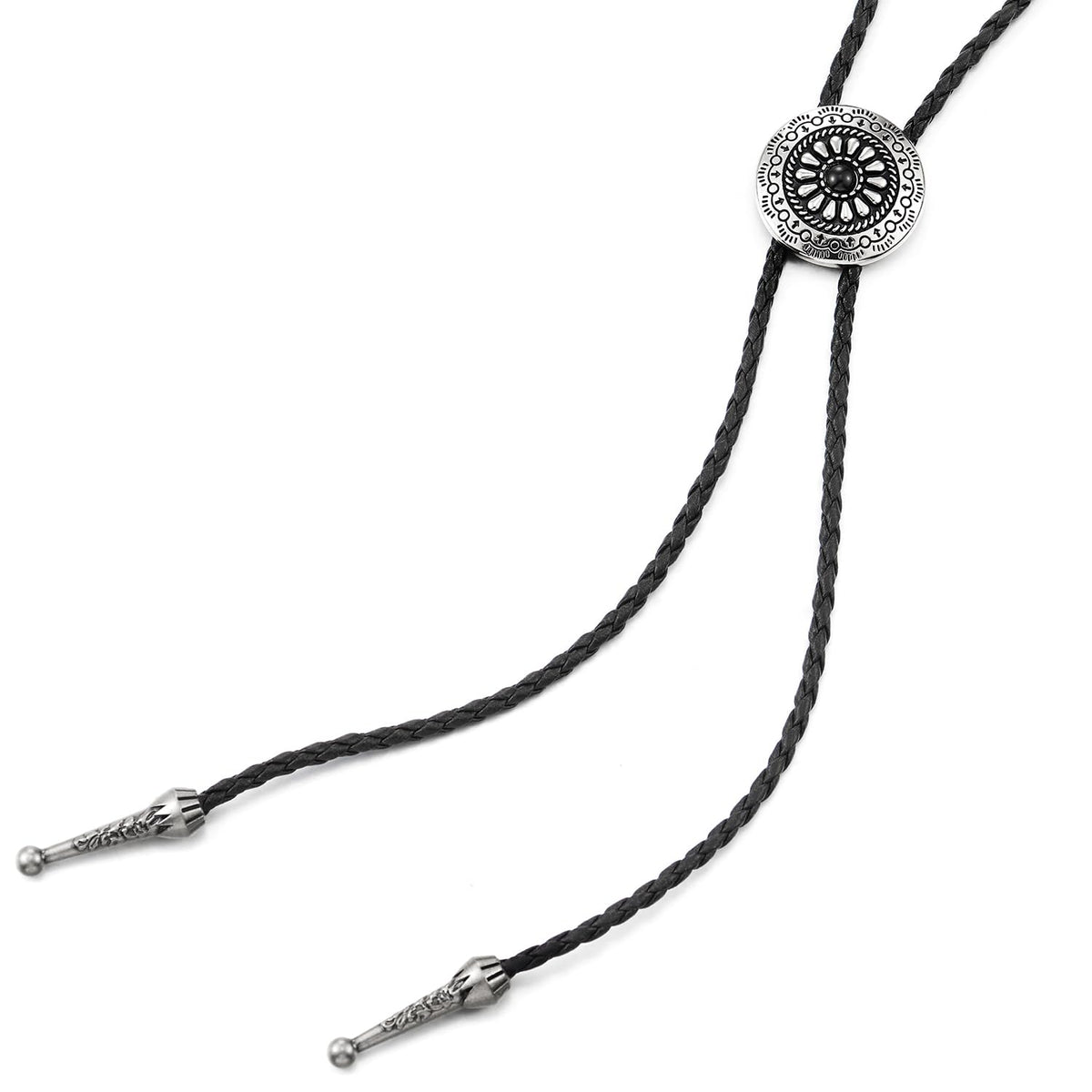 COOLSTEELANDBEYOND Vintage Medallion Sunburst Pattern Bolo Tie Necktie, Lariat Rodeo Y Necklace, Black Braided Leather