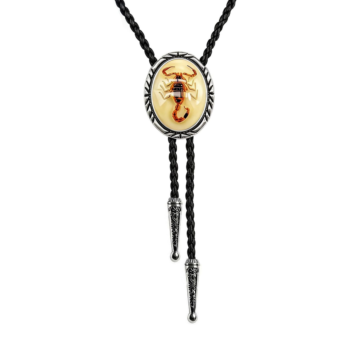 JPJZY BRBAM Minimalist Style Natural Stone Bolo Tie Oval Gemstone Pendant with Striped Border Leather Necktie for Men and Women Scorpion Luminous