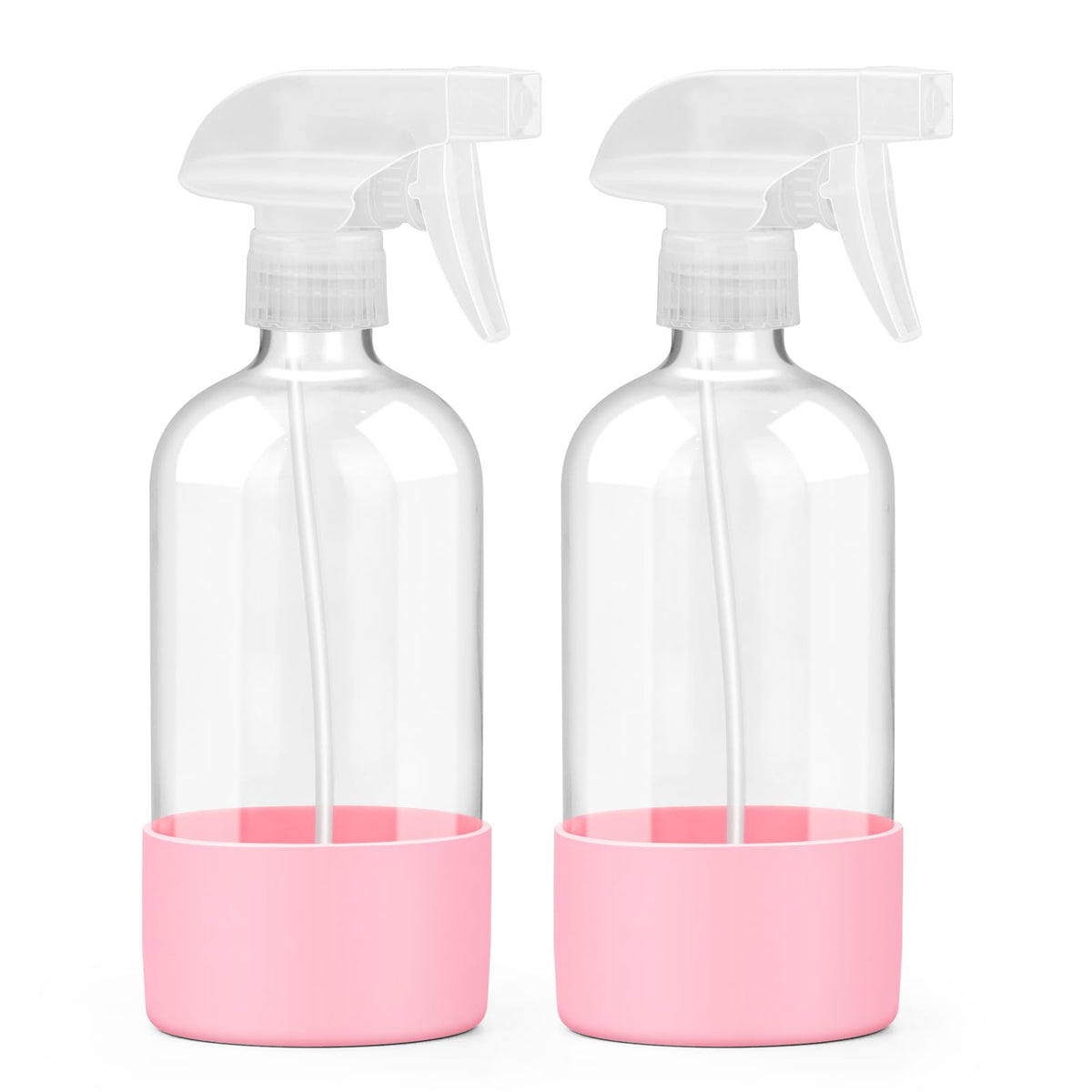 Worldgsb 2 Pack Glass Spray Bottles with Silicone Sleeve, 16 oz Empty Refillable Containers with Adjustable Spray Nozzles, Spray Bottles for Hair, Cleaning Solutions and Plants Pink