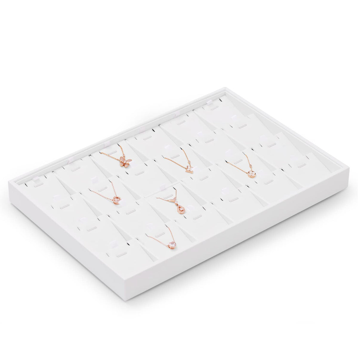 Oirlv Premium White Leather Stackable Jewelry Tray 24 Grid Jewelry Organizer Tray with Removable Inserts Cards Necklace Display Holder