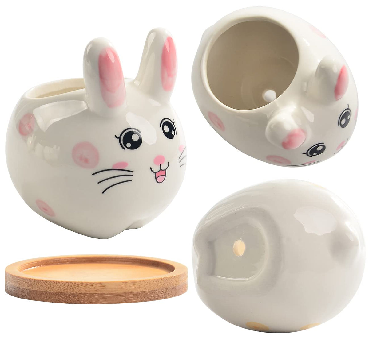 3.6 inch Mini Pots for Small Succulant Plant Ceramic Animal Succulent Planter with Drainage and Bamboo Tray for Easter Bunny Rabbit Gift Lovers (Cute Bunnies)