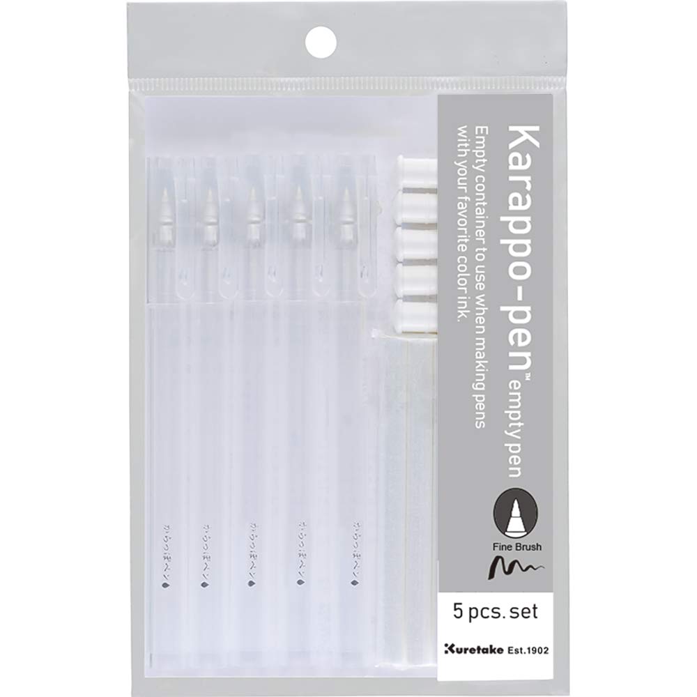 Kuretake Karappo Pen, Fine Brush tip 5pcs set, Empty refillable ink pen, for lettering, calligraphy, illustration, drawing, Made in Japan