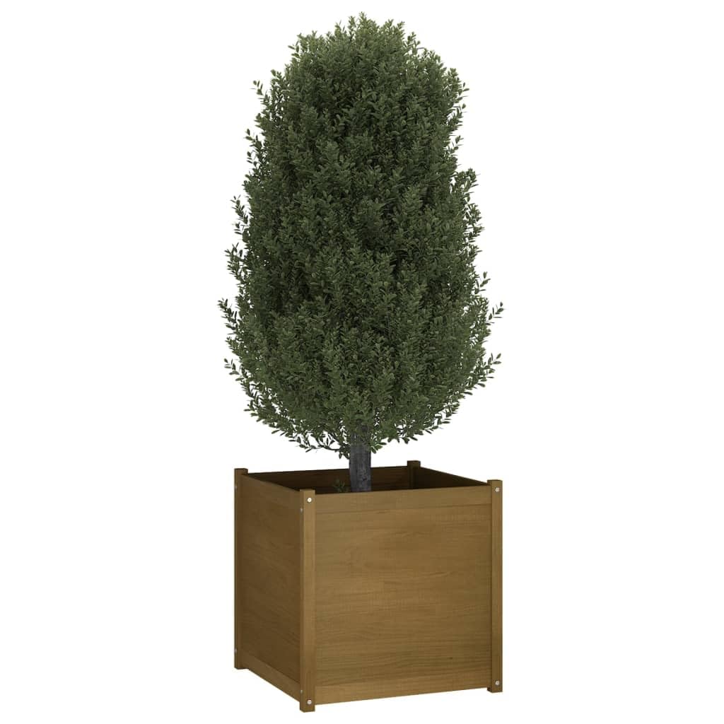 ZXQVLMRS Large Outdoor Garden Planter, 27.6-inch Square Rustic Solid Pinewood Raised Bed for Flowers Herbs, Durable Honey Brown Plant Container for Patio Backyard Balcony
