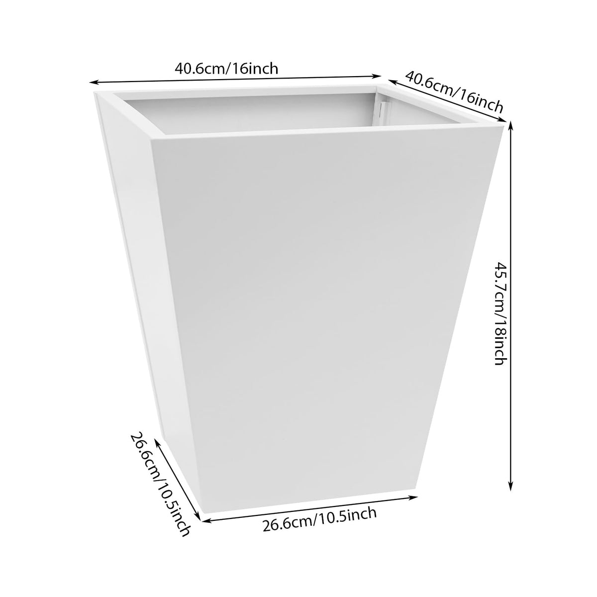Kllkmmws Garden Planters, Indoor Outdoor Large Iron Taper Plant Pot with Bottom Drain Hole, Flower Pots for Front Porch, Patio, Balcony (White, 16 * 16 * 18in)
