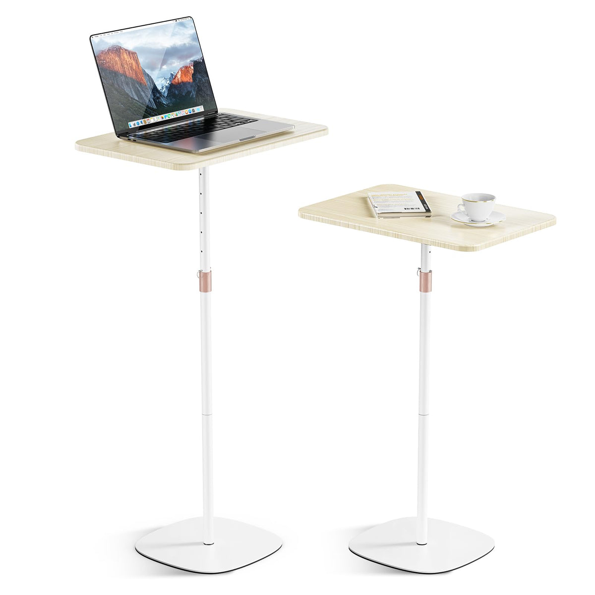 POLESTO Portable Laptop Floor Stand, Bedside/Sofa Table with Height Adjustable 18''~48'', Sleek Wooden Lectern Standing Desk Mobile Podium for Home, Office, School, White